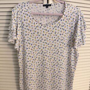 Adrianna Papell White Blouse with Blue and Yellow Flowers 1X